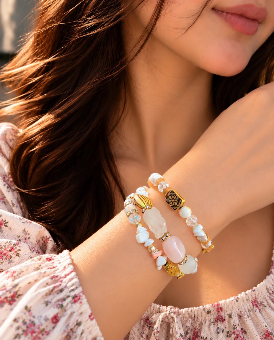 Rose Quartz & Pearl Beaded Bracelet Stack